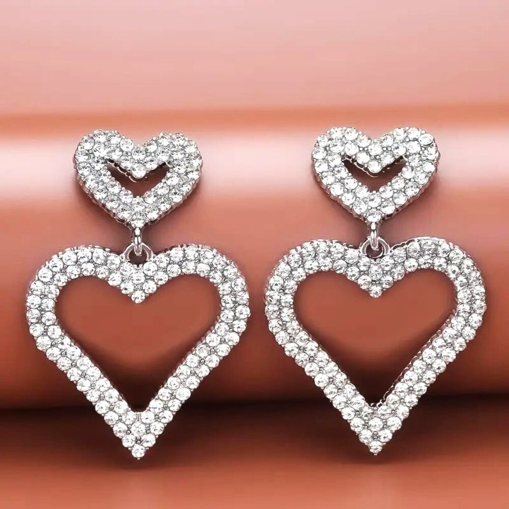 Heart Earrings Rhinestones Dangle Sparkle Hollywood Glam Double Love Romance NEW